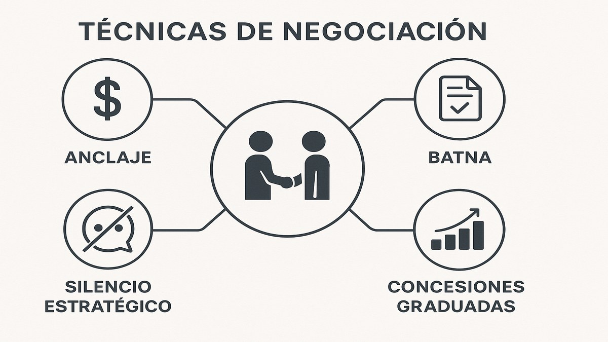 Mapa de técnicas de negociación: anclaje, BATNA, silencio estratégico, concesiones graduales en entorno corporativo