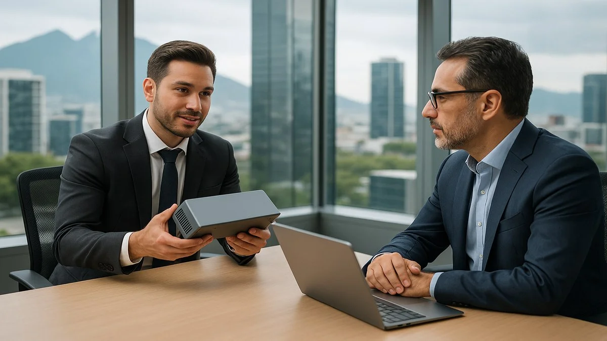 T&eacute;cnico en ventas en M&eacute;xico 2026 presentando producto a cliente en CDMX