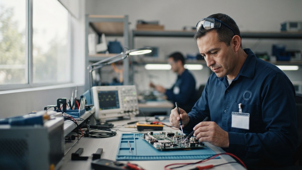 Técnico revisando una placa electrónica en un banco de trabajo, ejemplo del tipo de rol técnico certificado que exige el mercado chileno