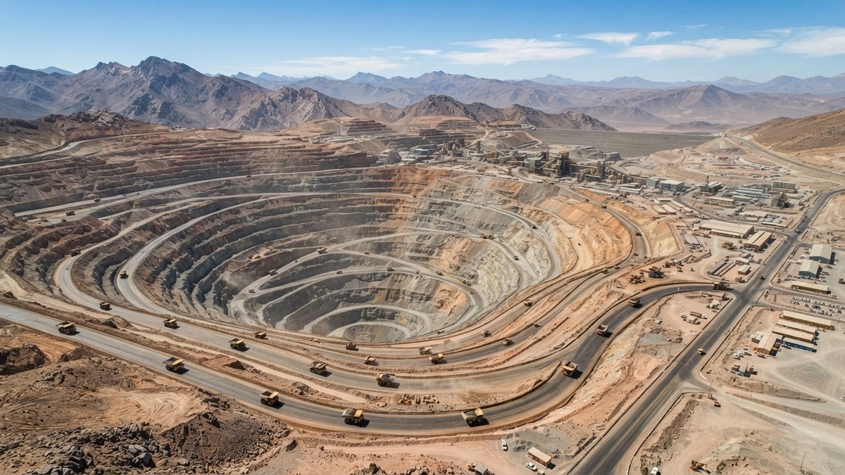 Vista aérea de una faena de gran minería de cobre a rajo abierto en el norte de Chile, con camiones CAEX circulando por las rampas