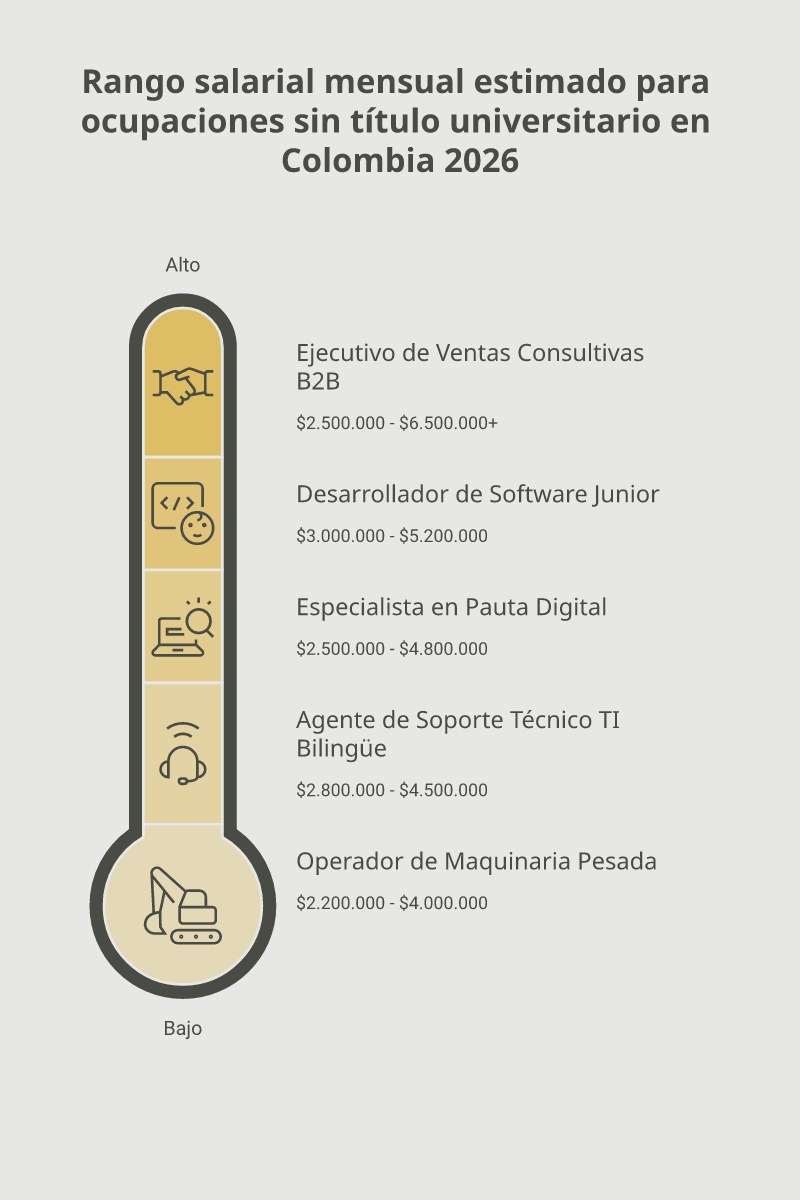 Termómetro comparativo del rango salarial mensual estimado en pesos colombianos para cinco ocupaciones sin título universitario: ventas consultivas B2B, desarrollo de software, pauta digital, soporte TI bilingüe y operación de maquinaria pesada