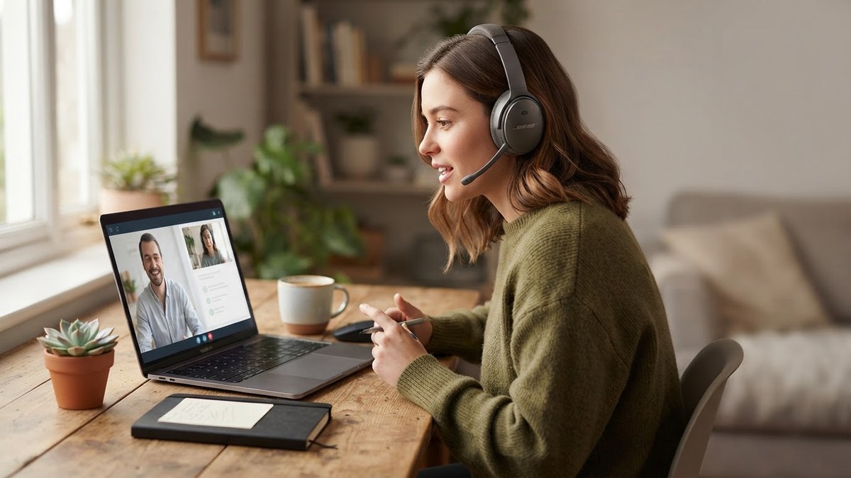 Profesional colombiana con auriculares participando en una videollamada de trabajo remoto desde su casa