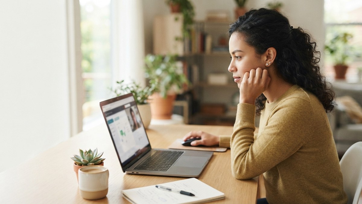 Profesional colombiana revisando ofertas laborales y evaluando su siguiente paso de carrera desde su computador portátil