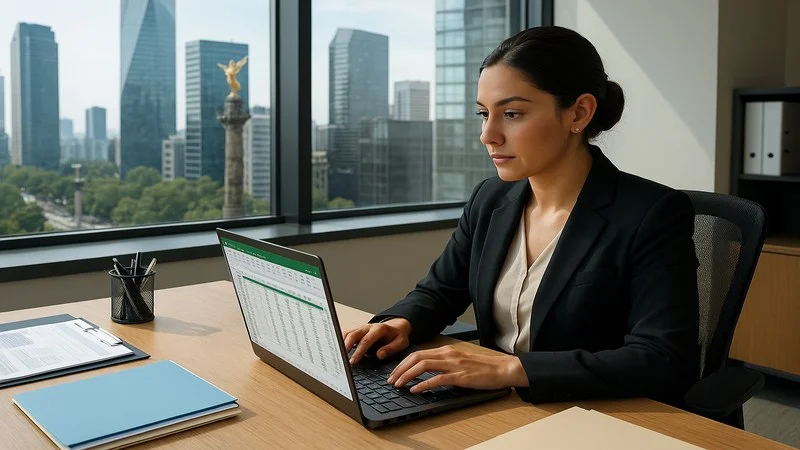 Profesional administrativo en oficina CDMX con laptop y documentos
