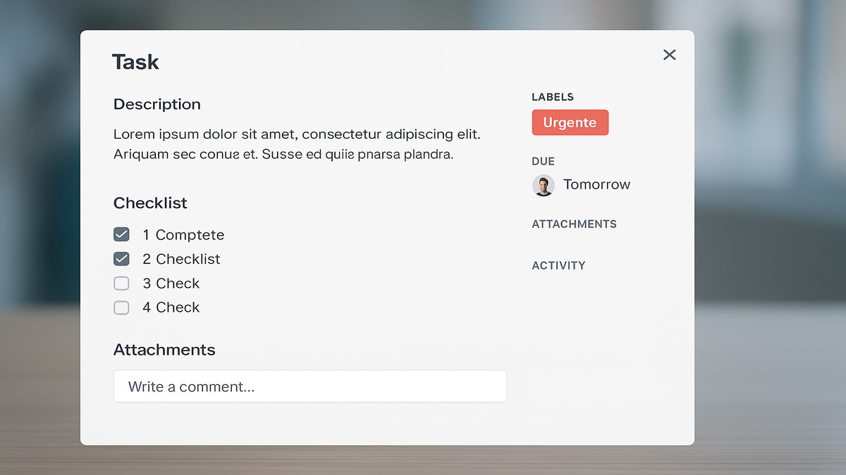 Tarjeta de Trello abierta mostrando descripción, checklist de subtareas, fecha de vencimiento, etiqueta de prioridad y miembro asignado