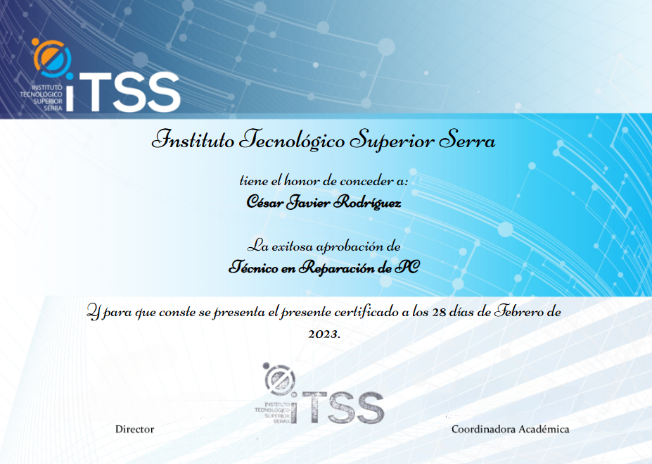 Certificado de ITSS como Técnico en Reparación de PC